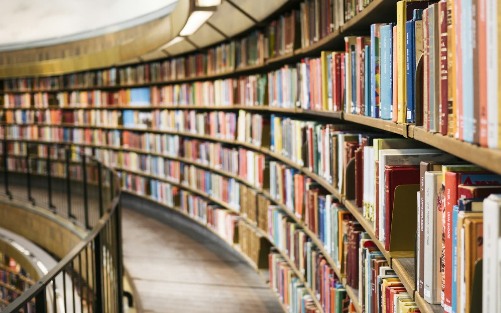 Library shelves of books a reader can open